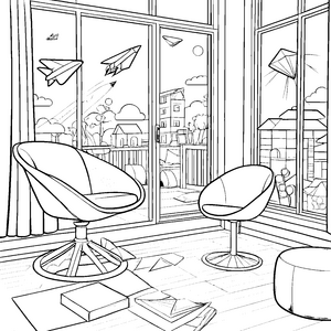 Bequemer Drehstuhl mit inspirierender Aussicht Ausmalmotiv für junge Raumgestalter