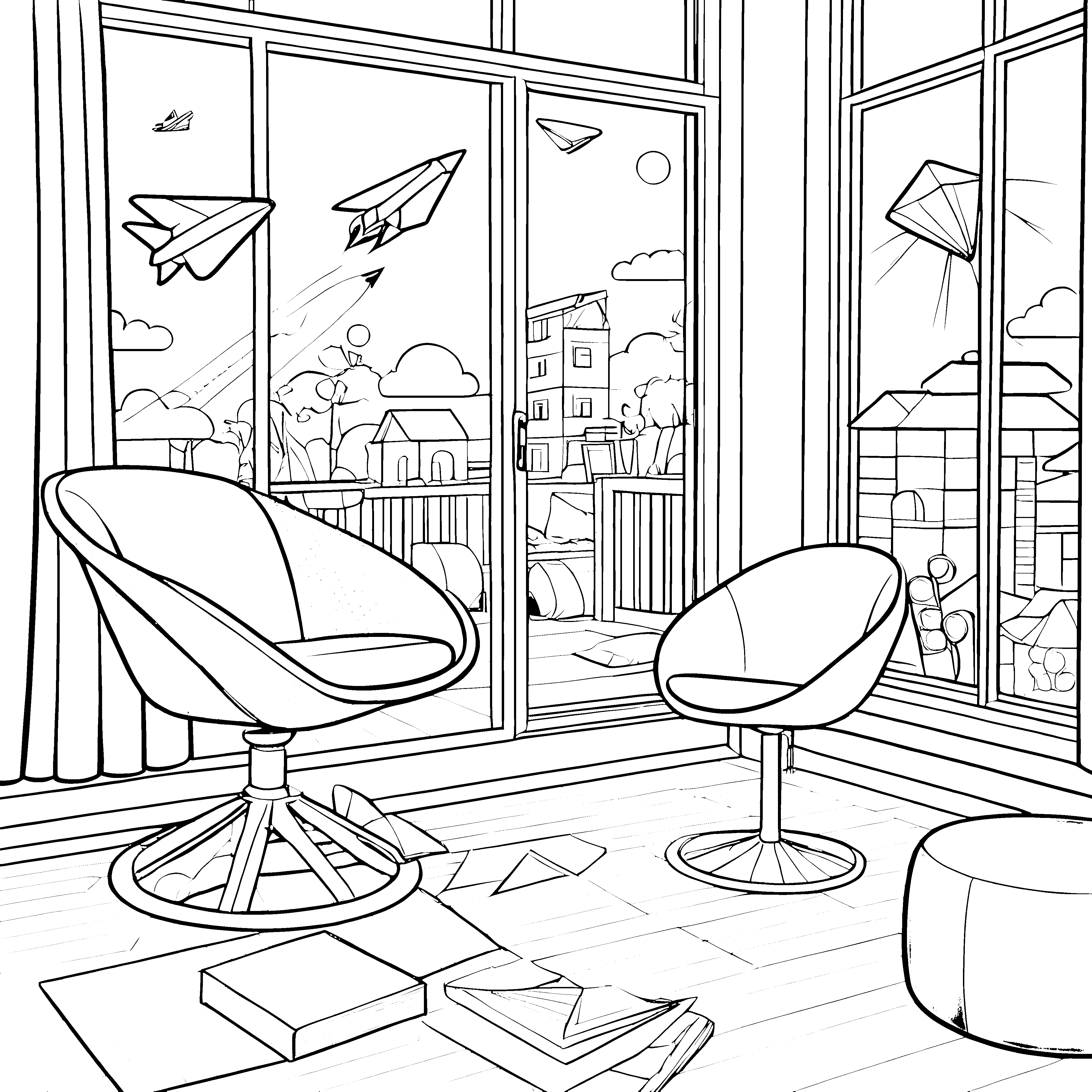 Bequemer Drehstuhl mit inspirierender Aussicht Ausmalmotiv für junge Raumgestalter