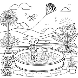 Planschbecken mit spritzendem Wasser Malvorlage für kleine Abenteurer