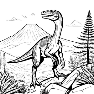 Dynamischer Velociraptor vor erhabenem Vulkan Ausmalbild für kleine Urzeit-Forscher