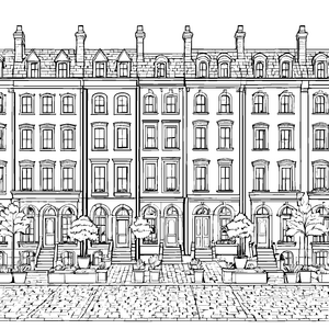 Bezaubernde Stadthäuser mit viel Grün Ausmalvorlage für kleine Architekturenthusiasten