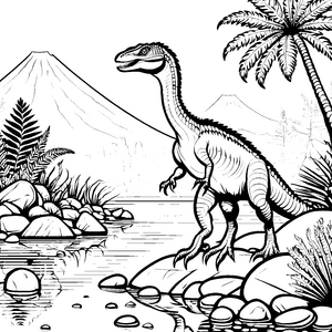 Spannender Velociraptor am urzeitlichen Fluss Ausmalvorlage für junge Entdecker