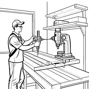Handwerkliche Bohrmaschine bei spannenden Projekten Ausmalvorlage für kreative Bauhelden