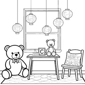 Kuscheliger Bär in freundlichem Kinderzimmer Ausmalbild für kleine Träumer
