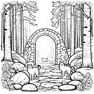 Zwei neugierige Norwegische Waldkatzen am magischen Tor Ausmalbild für abenteuerliche Tierentdecker