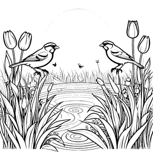 Lustige Vögel am blühenden Teich Malvorlage für fröhliche Naturliebhaber