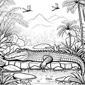 Entspanntes Krokodil am Wasserfall Ausmalbild für neugierige Entdecker
