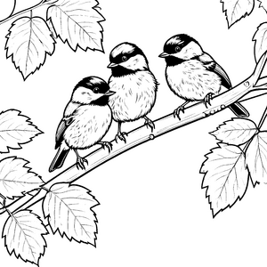 Süße Vogelbabys auf einem bunten Ast Ausmalvorlage für kleine Naturfreunde