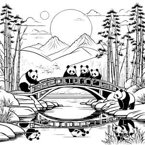 Verspielte Pandabären auf malerischer Brücke Ausmalmotiv für tierliebe Künstler