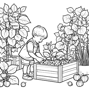 Fröhlicher Junge beim Ernten von Physalis Ausmalvorlage für kleine Gartenentdecker