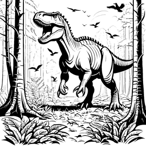 Mächtiger Tyrannosaurus Rex im Dschungel Ausmalbild für abenteuerlustige Dino-Entdecker