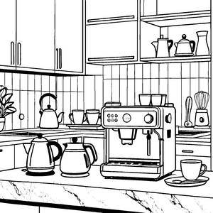 Kreative Kaffeemaschine in der modernen Küche Ausmalbild für kleine Genussfreunde