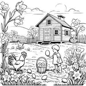Fröhliches Kind beim Eiersammeln im Garten Ausmalbild für neugierige Entdecker
