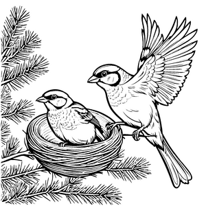 Zwei fröhliche Vögel im bunten Nest Malvorlage für kleine Naturfreunde