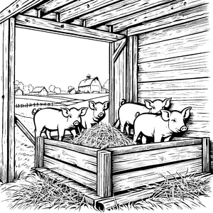 Schweinchen im gemütlichen Stall Ausmalbild für kleine Bauernfreunde