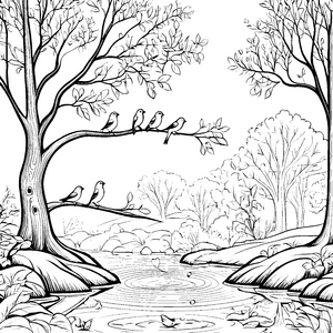 Paarende Vögel am glitzernden Teich Ausmalvorlage für kleine Naturfreunde