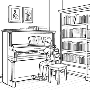 Kreativer Junge am eleganten Klavier Malvorlage für musikalische Entdecker