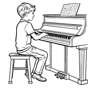 Talentierter Pianist im musikalischen Traum Ausmalbild für kleine Musikliebhaber