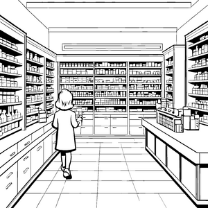 Kreative Apothekerin im bunten Sortiment Ausmalbild für kleine Gesundheitsfreunde