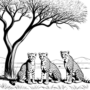Verspielte Geparden-Jungtiere unter schattenspendendem Baum Ausmalvorlage für neugierige Tierfreunde