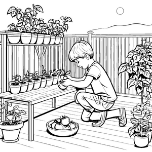 Entzückendes Kind bei der Tomatenernte Ausmalmotiv für kleine Gartenenthusiasten