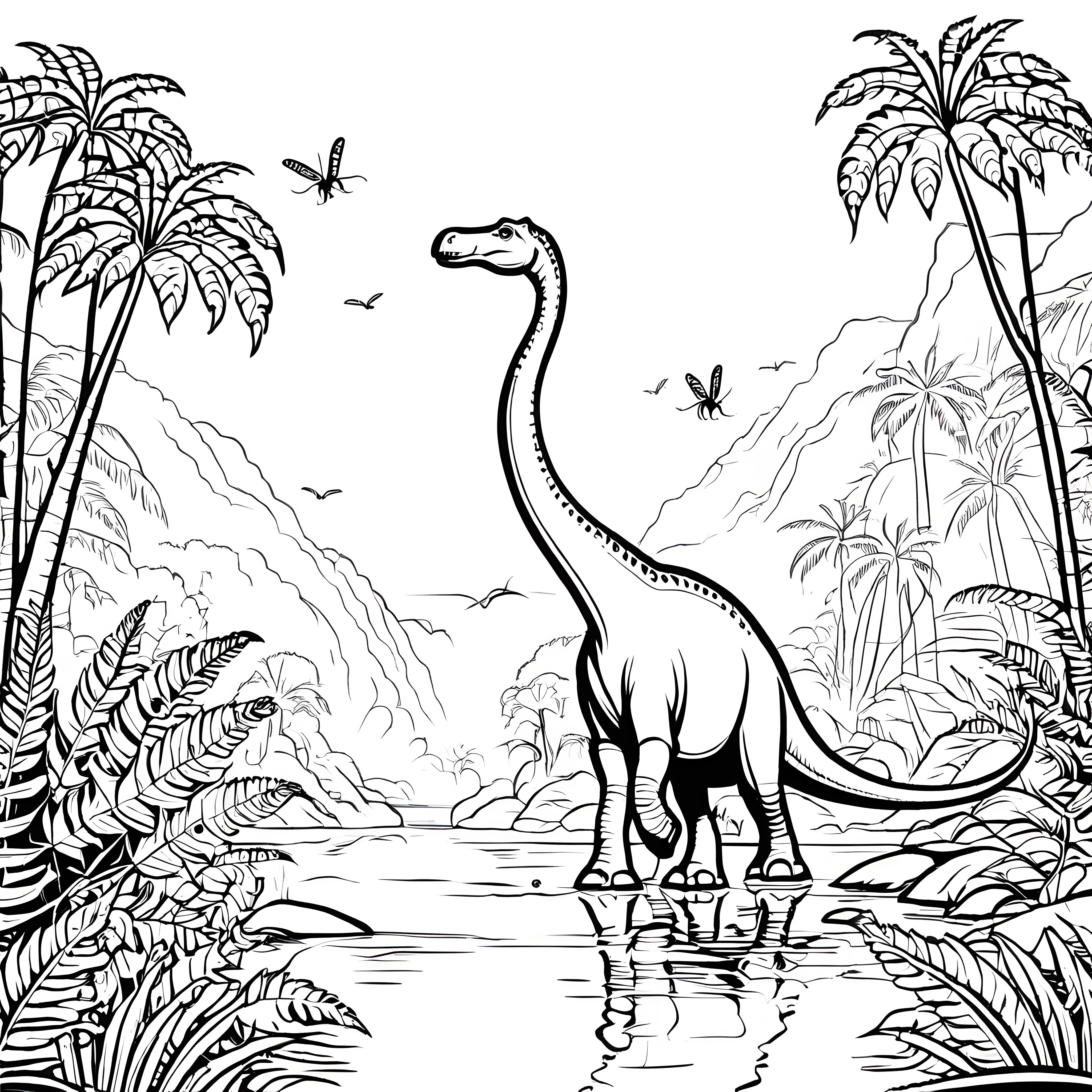 Majestätischer Brachiosaurus am üppigen Flussufer Ausmalbild für kleine Entdecker