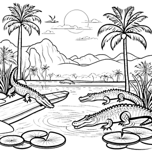 Abenteuerliche Krokodile am Sonnenteich Ausmalbild für mutige Entdecker