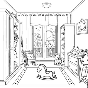 Fröhlicher Kleiderschrank in buntem Kinderzimmer Ausmalbild für kleine Einrichtungsfreunde