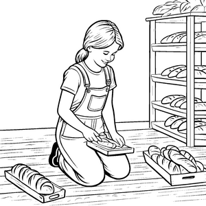 Bäckerin mit frisch gebackenem Baguette Ausmalbild für kleine Feinschmecker