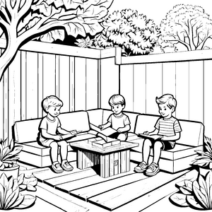 Gemütlicher Couchtisch im sonnigen Garten Ausmalmotiv für kreative Entdecker