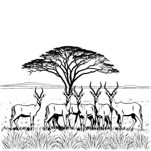 Elegante Gazellen unter dem afrikanischen Baum Ausmalvorlage für tierbegeisterte Künstler