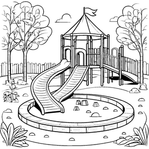 Abenteuerlicher Spielplatz mit spannender Rutsche Ausmalvorlage für neugierige Entdecker