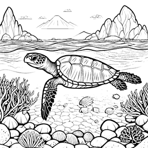 Majestätische Schildkröte im bunten Korallenriff Ausmalvorlage für kleine Unterwasserforscher