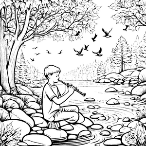 Gestaltende Melodien am glitzernden Fluss Ausmalbild für junge Musikentdecker