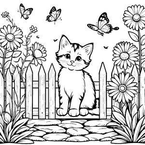 Süßes Kätzchen vor blühendem Garten Ausmalmotiv für fantasievolle Tierfreunde