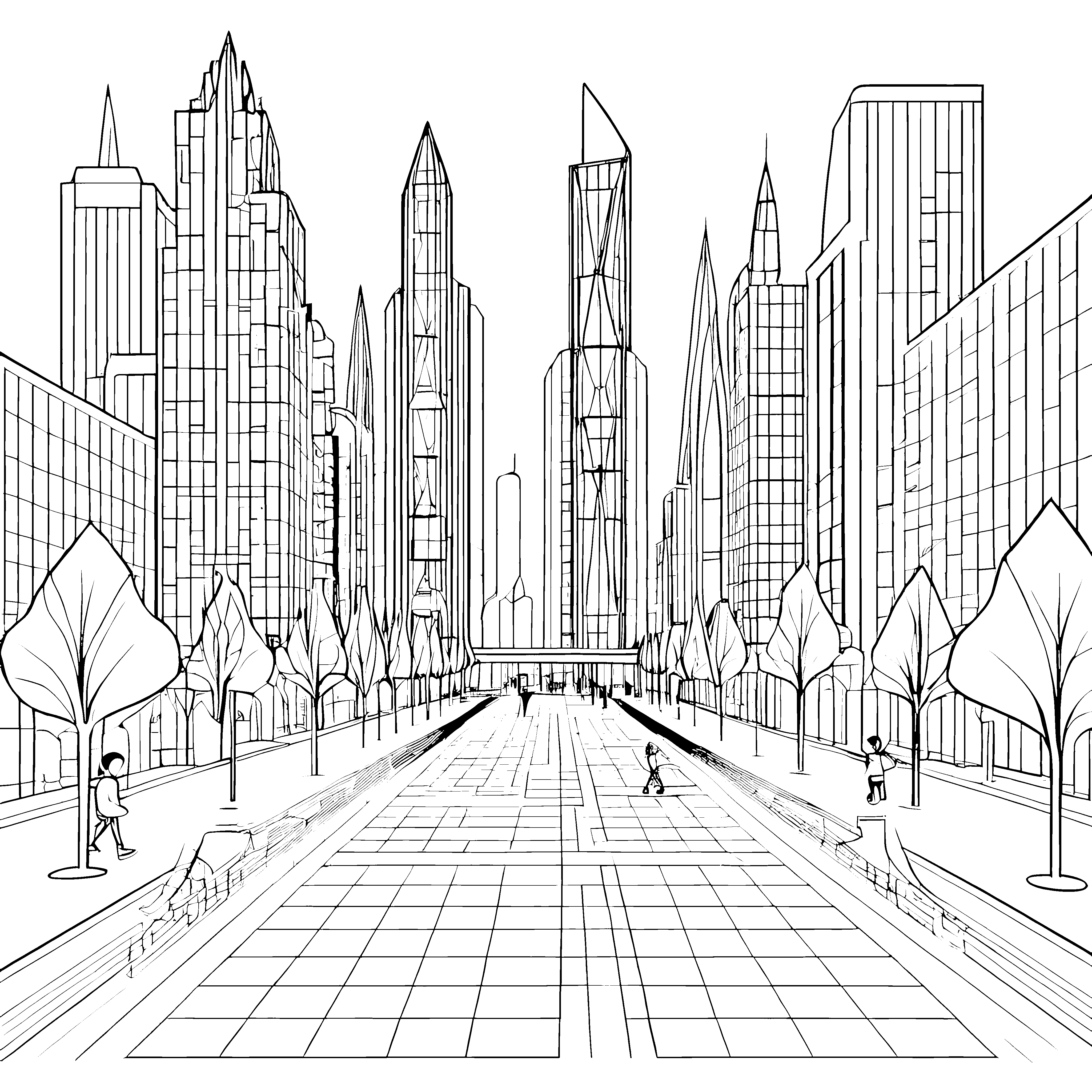 Futuristische Stadtlandschaft mit lebhaften Bewohnern Ausmalvorlage für neugierige Entdecker