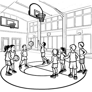Spaßige Basketballspiele mit kleinen Sportlern Ausmalvorlage für aktive Entdecker