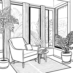 Entspannender Relaxsessel im Gartenparadies Ausmalbild für kleine Ruheinsel-Fans