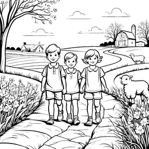 Lustige Kinder auf dem Weg zur Wiese Ausmalbild für fröhliche Naturentdecker