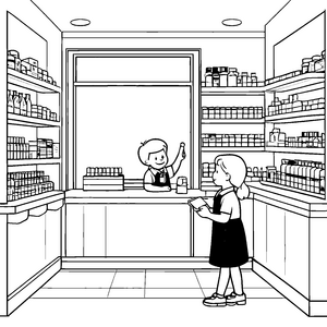 Freundliche Apotheke mit hilfsbereitem Kind Ausmalmotiv für wissbegierige Entdecker
