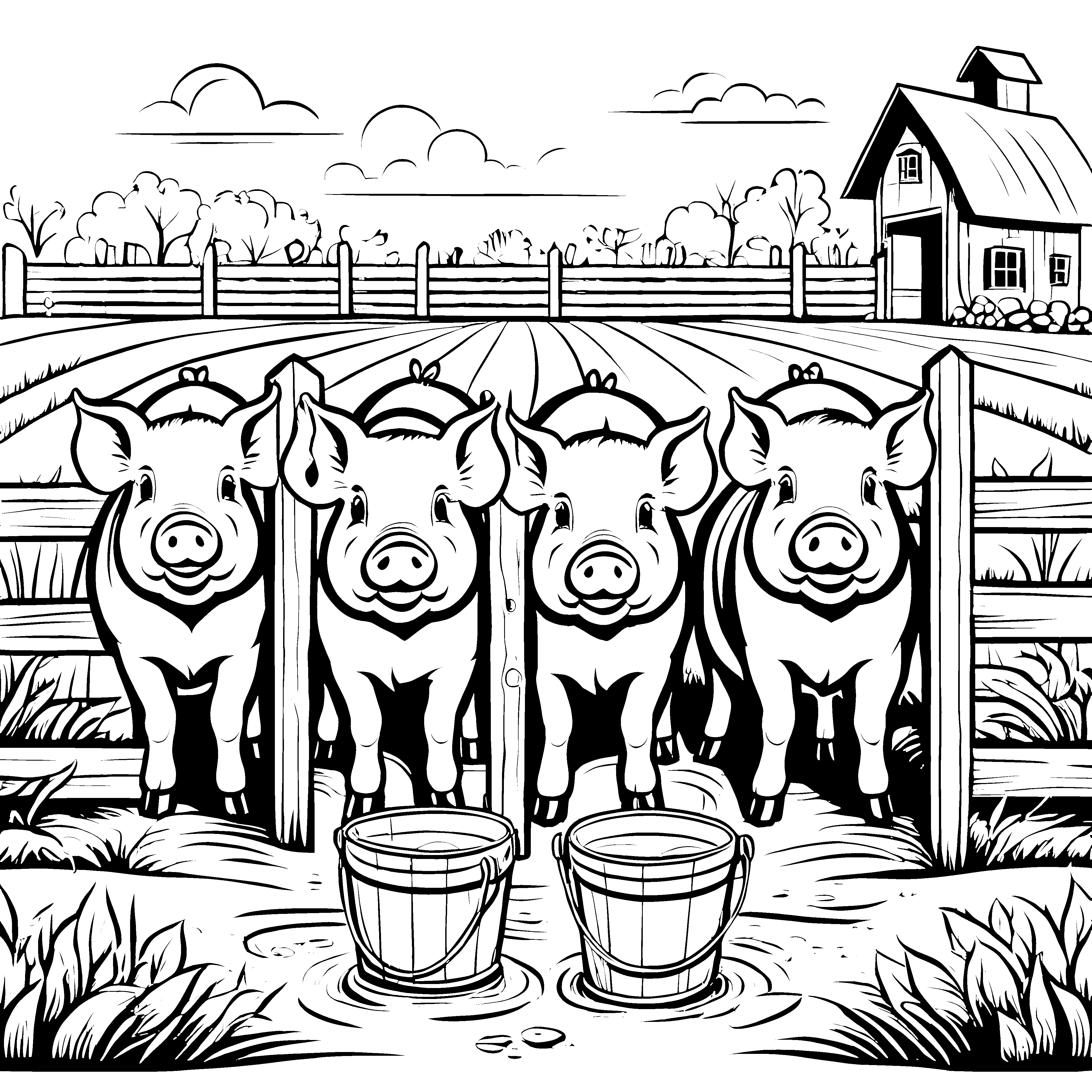 Freche Schweine am Bauernhof mit Blubberblasen Ausmalvorlage für abenteuerliche Tierfans