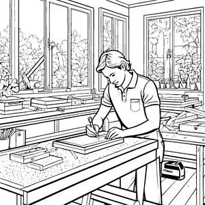 Kreativer Tischler in gemütlicher Werkstatt Ausmalvorlage für junge Handwerker