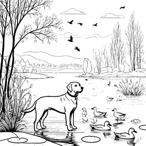 Wachsender Labrador am ruhigen See Ausmalmotiv für neugierige Naturfreunde