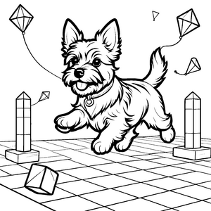 Verspielter Yorkshire Terrier mit bunten Drachen Malvorlage für fröhliche Entdecker