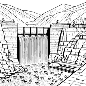 Majestätischer Staudamm mit spritzenden Fischen Ausmalmotiv für wissbegierige Wasserfreunde