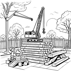 Spannender Baukran über buntem Holzstapel Ausmalvorlage für kleine Architekten