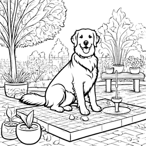 Strahlender Golden Retriever am sprudelnden Brunnen Ausmalmotiv für liebevolle Tierentdecker