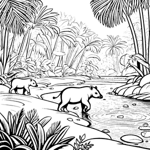 Zwei neugierige Tapir-Jungtiere am Ufer Ausmalbild für kleine Tierforscher