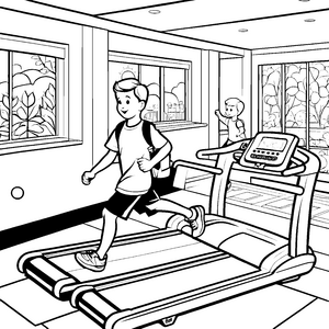 Aktives Kind auf dem Laufband Ausmalmotiv für kleine Sportsterne
