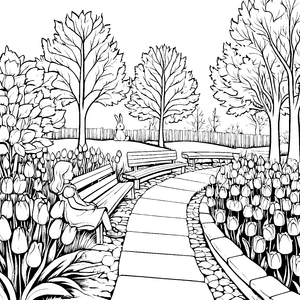 Idyllische Gartenbank umgeben von bunten Tulpen Ausmalvorlage für fantasievolle Gartengestalter